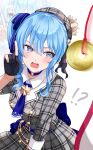  !? 1girl @_@ beret blue_choker blue_eyes blue_hair blush choker coin coin_on_string dress gloves grey_headwear hair_between_eyes hair_ribbon hat highres holed_coin hololive hoshimachi_suisei hypnosis jacket jewelry kudoukudokudo looking_at_viewer medium_hair mind_control official_alternate_hair_length official_alternate_hairstyle open_mouth partially_fingerless_gloves pendulum plaid plaid_dress plaid_headwear plaid_jacket ribbon side_ponytail solo star_(symbol) star_choker star_in_eye symbol_in_eye virtual_youtuber 