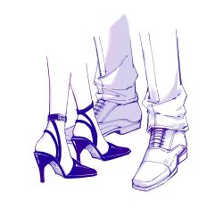  2girls ceras_yanagida_lilienfeld commentary edel_note english_commentary feet foot_focus high_heel_sandals highres katsuragi_izumi link!_like!_love_live! love_live! monochrome multiple_girls pants purple_theme reijou_mob!_(love_live!) sandals shoes simple_background virtual_youtuber white_background yrxy_settingsun 