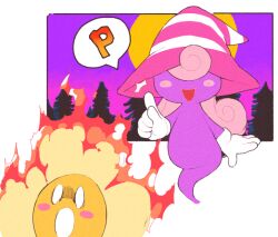  1girl blank_eyes blush_stickers burning colored_skin commission crazee_dayzee curly_hair fire floating flower full_body ghost_tail gloves hair_over_eyes hand_up hat hat_over_eyes horrified index_finger_raised inkerton-kun long_hair open_mouth paper_mario paper_mario:_the_thousand-year_door pink_hair purple_skin purple_sky second-party_source sky solo_focus speech_bubble striped_clothes striped_hat striped_headwear super_mario_bros. two-tone_headwear vivian_(paper_mario) white_gloves witch_hat 