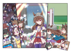  0_0 6+girls ^^^ animal_ears beanie beer_hsk black_hair blue_eyes blue_jacket blue_thighhighs bow brown_hair buena_vista_(old_design)_(umamusume) closed_mouth commentary_request crowd ear_bow garter_straps glowstick grass_wonder_(umamusume) green_eyes grey_hat hair_between_eyes hand_to_own_mouth hand_up hat horse_ears horse_girl horse_tail jacket kin'iro_ryotei_(umamusume) mask mouth_mask multicolored_hair multiple_girls nakayama_festa_(umamusume) navel open_clothes open_jacket orfevre_(old_design)_(umamusume) purple_shirt red_bow red_shorts red_sweater running school_uniform shirt shorts special_week_(umamusume) starting_future_(umamusume) striped_bow striped_clothes striped_headwear surprised sweat sweater tail thigh-highs tracen_school_uniform two-tone_hair umamusume vertical-striped_clothes vertical-striped_headwear violet_eyes wavy_mouth white_bow white_hair white_shirt yellow_jacket 