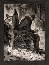  1boy bloodborne border brown_border brown_hat brown_theme cane dated flower from_side full_body fune_(nkjrs12) gehrman_the_first_hunter hat highres lily_(flower) male_focus old old_man out_of_frame own_hands_together pants profile red_pants red_scarf scarf short_hair signature sitting solo_focus wheelchair white_flower white_hair 