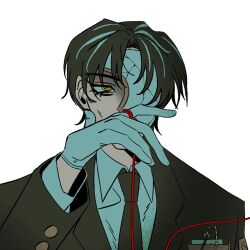  1boy black_hair black_jacket black_necktie black_suit collared_shirt cracked_mask english_commentary gloves highres jacket lapels layered_sleeves limbus_company makanbes4r male_focus mask_over_one_eye multicolored_hair necktie notched_lapels project_moon rien_(project_moon) shaded_face shirt string string_of_fate suit suit_jacket two-tone_hair white_background white_gloves white_hair white_mask white_shirt yellow_eyes 