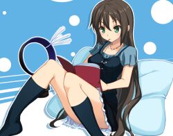  1girl black_dress black_socks blue_shirt book brown_hair dress food food_in_mouth foot_out_of_frame green_hair jewelry long_hair looking_at_object necklace object_on_lap open_book original pillow pinafore_dress pocky pocky_in_mouth reading shirt short_dress short_sleeves sitting sleeveless sleeveless_dress socks solo very_long_hair yuuki_(alicesoft) 