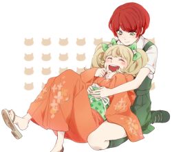  2girls blonde_hair blush bow chiyo_(min0yoko) closed_eyes closed_mouth commentary_request danganronpa_(series) danganronpa_2:_goodbye_despair dress eyelashes feet fingernails freckles green_bow green_dress green_eyes green_sash green_shoes green_socks hair_bow japanese_clothes kimono kneeling koizumi_mahiru long_hair multiple_girls obi open_mouth orange_kimono pinafore_dress red_hair saionji_hiyoko sandals sash shirt shirt_under_dress shoes short_hair sleeveless sleeveless_dress smile socks soles teeth toes upper_teeth_only white_shirt 