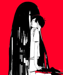  10xx_ten antenna_hair closed_eyes closed_mouth collared_shirt double-parted_bangs hair_between_eyes highres limited_palette omori red_background shirt short_hair short_sleeves shorts socks something_(omori) sunny_(omori) sweater_vest twitter_username 