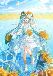  1girl :d aqua_eyes aqua_hair aqua_nails bare_shoulders beamed_eighth_notes bird boots bow bug butterfly copyright_notice day dress eighth_note field fingerless_gloves flower flower_field full_body gloves hair_ornament hand_up hat hat_bow hat_flower hatsune_miku headset high_heel_boots high_heels highres lace-up_boots lake lens_flare magical_mirai_(vocaloid) magical_mirai_miku magical_mirai_miku_(2026) musical_note musical_note_hair_ornament official_art open-toe_boots open_mouth orange_flower outdoors rainbow ripples second-party_source shoulder_tattoo smile solo speaker standing standing_on_liquid straw_hat sun sunflower tattoo twintails vocaloid wata_(attaka_towel) water_butterfly water_drop white_boots white_bow white_dress white_gloves 