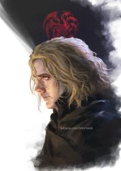  1boy a_knight_of_the_seven_kingdoms a_song_of_ice_and_fire artist_name black_background blonde_hair commentary daeron_targaryen dragon_background draw_souls english_commentary male_focus medium_hair patreon_username portrait profile solo two-tone_background web_address white_background 