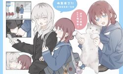  2girls bag black_cardigan blue_eyes blue_sailor_collar blue_shirt bus_stop cardigan cat cellphone charm_(object) closed_mouth commentary_request flip_phone girls_band_cry grey_eyes grey_hair hello_kitty hello_kitty_(character) highres holding holding_phone iseri_nina kawaragi_momoka long_hair looking_at_another multiple_girls neckerchief open_mouth phone red_hair sailor_collar sanrio school_bag school_uniform serafuku shirt short_twintails smile speech_bubble squatting translation_request twintails white_cat white_neckerchief yugawa_(omariajord63194) yuri 