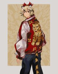  1girl alternate_costume animal_ear_fluff animal_ears animal_print background_request blonde_hair blue_pants border brown_background closed_mouth commentary commission cowboy_shot denim double-parted_bangs english_commentary floral_print from_behind grey_border hair_between_eyes highres jacket jeans kemonomimi_mode light_smile llamas_yes long_sleeves looking_at_viewer looking_back pants puffy_long_sleeves puffy_sleeves red_headdress red_jacket red_sleeves short_hair solo spiky_hair tail tiger_ears tiger_girl tiger_print tiger_tail toramaru_shou touhou turning_head vertical-striped_sleeves white_sleeves yellow_eyes 