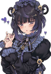  1girl black_bow black_dress black_hair blush bow commentary_request dress frilled_hairband frills gradient_hair grey_eyes grey_hairband grey_nails gwynn_(pokemon) hairband hands_up heart highres houndstooth kayanogura long_sleeves looking_at_viewer multicolored_hair nail_polish parted_lips pokemon pokemon_legends:_z-a puffy_long_sleeves puffy_sleeves purple_hair simple_background solo upper_body white_background 
