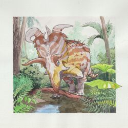  animal_focus blue_eyes commentary dinosaur fern highres horns lokiceratops no_humans original outside_border painting_(medium) paleoart shin'ichiroo solo traditional_media tree watercolor_(medium) 