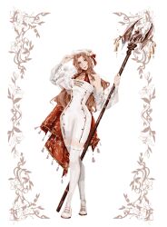  1girl absurdres adjusting_clothes adjusting_headwear aerith_gainsborough artist_name beret boots breasts brown_hair buttons closed_mouth commentary detached_sleeves double-breasted dress english_commentary final_fantasy final_fantasy_vii final_fantasy_vii:_ever_crisis flower full_body green_eyes hair_ribbon halter_dress halterneck hat highres holding holding_staff light_smile lily_(flower) long_hair long_sleeves looking_at_viewer medium_breasts official_alternate_costume parted_bangs puffy_long_sleeves puffy_sleeves red_ribbon ribbon shanlieart short_dress sidelocks single_bare_shoulder solo staff thigh_boots wavy_hair white_background white_boots white_dress white_fur white_hat white_sleeves zettai_ryouiki 