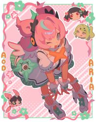  3girls aqua_hair aqua_streaks aria_(zenless_zone_zero) bent_over black_hair blue_eyes bow bridal_gauntlets center_frills character_name closed_mouth colored_inner_hair commentary detached_collar dress english_commentary fingerless_gloves frilled_sleeves frills gloves green_bow green_eyes green_hair hair_bow highres humanoid_robot looking_at_viewer mararu multicolored_hair multiple_girls multiple_hair_bows nangong_yu one_eye_closed open_mouth pink_background pink_bow pink_gloves pink_hair ponytail quad_tails red_eyes robot robot_girl shoes short_twintails star_(symbol) streaked_hair sunna_(zenless_zone_zero) twintails white_bridal_gauntlets white_dress white_shoes white_wings wings zenless_zone_zero 