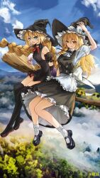  2girls absurdres apron back_bow black_bow black_bowtie black_dress black_hat black_shoes black_skirt black_thighhighs black_vest blonde_hair blue_sky blush bow bowtie braid breasts broom broom_riding clouds collared_shirt commentary_request crossover day dress fang frilled_skirt frills grin hair_bow hair_tubes hat hat_bow highres kirisame_marisa long_hair looking_at_viewer mahou_shoujo_ikusei_keikaku mary_janes medium_breasts multiple_girls multiple_riders open_mouth puffy_short_sleeves puffy_sleeves purple_shoes shirt shoes short_sleeves side_braid single_braid skin_fang skirt sky sleeveless sleeveless_dress smile socks striped_clothes thigh-highs top_speed touhou vertical-striped_clothes vest waist_apron white_bow white_shirt white_socks witch_hat xiaoxijino yellow_eyes 