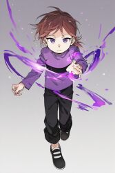  1boy ai-assisted bandit_(kuku88) black_pants black_shoes brown_hair child colokhan commentary energy english_commentary full_body grey_background highres light_frown long_sleeves looking_at_viewer male_focus original pants ponytail powerpuff_girls purple_shirt shirt shoes short_ponytail violet_eyes white_shoes wind 