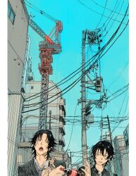  2boys :o adam's_apple ahoge bad_id bad_twitter_id bag balcony black_hair black_jacket blazer blue_eyes blue_necktie blue_sky bottle brothers building choppy_bangs city coca-cola collared_shirt crane_(machine) diagonal-striped_clothes diagonal-striped_necktie fingernails from_below furrowed_brow gakuran giving green_eyes hair_between_eyes hand_up hatching_(texture) heterochromia highres hypnosis_mic jacket jewelry linear_hatching looking_at_another looking_to_the_side loose_necktie male_focus medium_hair mole mole_under_eye mullet multiple_boys multiple_rings n_uu_nn necktie official_alternate_costume open_mouth outdoors parted_bangs peanut_mouth pillarboxed portrait power_lines railing raised_eyebrows raised_inner_eyebrows ring satellite_dish school_uniform shirt short_hair shoulder_bag siblings side-by-side sideways_glance silver_ring sky soda_bottle striped_clothes thumb_ring transformer utility_pole white_shirt window wispy_bangs yamada_jiro yamada_saburo yellow_eyes 