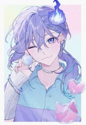  10_io 1boy :3 androgynous arm_warmers blue_hair blue_shirt blue_streaks border bracelet braid braided_bangs buttons chain chain_bracelet choker collared_shirt cosmetics ear_piercing earrings ghost_earrings head_tilt highres hitodama holostars jewelry long_hair low_ponytail makeup_palette male_focus minase_rio multicolored_hair one_eye_closed outside_border piercing ponytail portrait purple_hair purple_shirt ring shirt slit_pupils solo streaked_hair two-tone_shirt violet_eyes virtual_youtuber white_arm_warmers white_border white_choker 