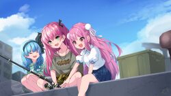  3girls :d ^_^ aikawa_megumi akagi_rumi alternate_costume amai_nekuta aqua_hoodie black_bow black_hairband black_ribbon blue_hair blue_skirt blue_sky blunt_bangs bow breasts bun_cover casual closed_eyes clothes_around_waist clothes_writing clouds collarbone collared_shirt commentary day double_bun eyes_visible_through_hair facing_another feet_out_of_frame fishing fishing_rod green_eyes hair_between_eyes hair_bow hair_bun hair_ribbon hairband happy heaven_burns_red highres holding holding_fishing_rod hood hood_down hoodie indian_style jewelry kunimi_tama leaning_forward long_hair looking_down medium_breasts medium_hair miniskirt multiple_girls necklace open_mouth outdoors pink_hair pleated_skirt puffy_short_sleeves puffy_sleeves red_eyes ribbon shirt short_sleeves sidelocks signature sitting skirt sky smile squatting two_side_up very_long_hair white_ribbon white_shirt 