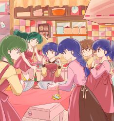  6+girls apron blue_eyes blue_hair braid brown_hair commentary_request cooking creator_connection crossover dress en_0410 eyeshadow green_eyes green_hair highres higurashi_kagome indoors inuyasha kiba_nanoka kyoukai_no_rinne lum maison_ikkoku makeup mamiya_sakura mao_(takahashi_rumiko) multiple_girls orange_eyes otonashi_kyouko oven_mitts pale_skin pink_eyeshadow ponytail ranma_1/2 red_apron red_dress short_hair single_braid tendou_akane twin_braids urusei_yatsura 