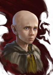 1boy a_knight_of_the_seven_kingdoms a_song_of_ice_and_fire aegon_v_targaryen artist_name bald black_eyes child cloak colored_eyebrows commentary dragon_background draw_souls english_commentary male_focus patreon_username portrait serious solo web_address 
