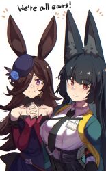  2girls absurdres animal_ear_fluff animal_ears aqua_jacket bare_shoulders black_hair black_necktie black_skirt blue_dress blue_flower blue_hat blue_rose blunt_bangs blush breasts brown_hair closed_mouth collarbone collared_shirt commentary dress english_commentary flipped_hair flower fox_ears fox_girl fur_choker green_jacket hair_over_one_eye hat hat_flower high-waist_skirt highres hinghoi horse_ears horse_girl hoshimi_miyabi interlocked_fingers jacket large_breasts long_hair long_sleeves looking_at_viewer multiple_girls necktie off-shoulder_dress off_shoulder own_hands_clasped own_hands_together red_eyes rice_shower_(rosy_dreams)_(umamusume) rice_shower_(umamusume) rose shirt sidelocks skirt small_breasts smile tilted_headwear trait_connection umamusume very_long_ears violet_eyes white_shirt zenless_zone_zero 