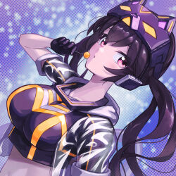  1girl breasts brown_hair candy cat_mask commentary_request duel_monster food gloves i:p_masquerena jacket large_breasts lollipop long_hair looking_at_viewer mask midriff multicolored_shirt see-through_clothes see-through_jacket solo twintails upsilon3219 violet_eyes yu-gi-oh! 