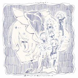  2girls 3boys blonde_hair blue_eyes closed_eyes dress genshin_impact hair_ornament hashtag-only_commentary highres long_hair multiple_boys multiple_girls remoanpu sandrone_(genshin_impact) simple_background sketch tears 