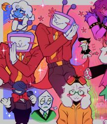  absurdres animal_ears ant_tenna black_hair black_pants blue_skin blush_stickers bow bowtie bracelet closed_eyes closed_mouth collared_shirt colored_skin commentary deltarune elnina_(deltarune) english_commentary flower freckles furry furry_female furry_male glasses gloves green-framed_eyewear green_necktie green_pippins grin heart heterochromatic_eyewear highres holding holding_microphone horns jewelry lanino_(deltarune) long_hair long_sleeves microphone mihych necktie open_mouth own_hands_together pants pink-tinted_eyewear pippins_(deltarune) purple_hair purple_skin ralsei red_bow red_bowtie red_suit round_eyewear semi-rimless_eyewear shirt short_hair single_blush_sticker small_mike_(deltarune) smile spamton_g._spamton spiked_bracelet spikes suit susie_(dark_world)_(deltarune) susie_(deltarune) teeth tinted_eyewear under-rim_eyewear utdr_(toby_fox) white_gloves white_hair white_shirt yellow-tinted_eyewear yellow_necktie 