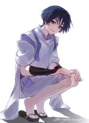  1boy armor black_hair black_sandals blunt_ends bow bright_pupils choppy_bangs clothing_cutout cnorkie eyelashes eyeliner full_body furisode genshin_impact hair_intakes hand_on_own_knee hand_on_own_thigh highres hip_vent japanese_armor japanese_clothes kariginu kimono kote kurokote layered_sleeves looking_at_viewer makeup male_focus parted_lips purple_bow purple_kimono purple_sleeves red_eyeliner sandals scaramouche_(genshin_impact) scaramouche_(kabukimono)_(genshin_impact) shadow shorts shoulder_cutout smile solo squatting tasuki tiptoes toes tsurime twitter_username violet_eyes white_background white_mouth white_pupils white_shorts white_sleeves zouri 