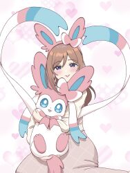  1girl :p absurdres animal_ear_hairband animal_ears blue_eyes blush brown_hair closed_mouth commentary_request crossover fake_animal_ears gakuen_idolmaster hairband heart heart_background highres himesaki_rinami holding holding_pokemon idolmaster long_hair long_skirt long_sleeves looking_at_viewer nagi_kai pokemon pokemon_(creature) shirt sitting skirt sylveon tongue tongue_out 