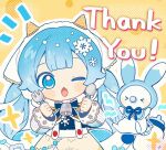 &gt;_&lt; animal baby_bottle bell blue_bow blue_bowtie blue_hair blue_hood blush_stickers bottle bow bowtie capelet cheese chibi commentary cowbell curvy_hair dual_wielding earmuffs fake_horns food fork fur-trimmed_capelet fur_trim hatsune_miku holding hood hood_up horns ice_cream_cone inomo_(qimoshu) long_hair looking_at_viewer neck_bell no_gloves notice_lines one_eye_closed open_mouth pacifier rabbit rabbit_yukine snowflake_print snowflakes spoon sprinkles swiss_cheese thank_you twintails very_long_hair vocaloid waffle_cone white_hair white_headdress yellow_background yellow_capelet yuki_miku