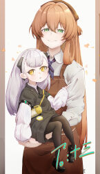  2girls :< aged_down ak-alfa_(girls'_frontline) apron black_dress black_pantyhose black_shoes brown_apron brown_hair child chinese_commentary closed_mouth collared_shirt commentary_request dress english_commentary falling_leaves girls'_frontline_2:_exilium girls_frontline green_eyes grey_hair hair_rings highres leaf long_hair long_sleeves looking_at_viewer lotan mixed-language_commentary multiple_girls neck_ribbon pantyhose ribbon shirt shoes sleeves_rolled_up smile springfield_(girls'_frontline) standing thermos tololo_(girls'_frontline_2) triangle_mouth very_long_hair white_shirt white_sleeves yellow_eyes 