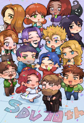  1other 6+boys 6+girls abigail_(stardew_valley) absurdres alex_(stardew_valley) anniversary ayupfm-k-1229 beard black_hairband black_hoodie blonde_hair blue_eyes blue_hair brown_hair chibi clint_(stardew_valley) closed_eyes commentary_request confetti dark-skinned_female dark_skin dress elliott_(stardew_valley) emily_(stardew_valley) facial_hair flute glasses green_eyes hairband haley_(stardew_valley) harvey_(stardew_valley) highres holding holding_flute holding_instrument hood hood_down hoodie instrument krobus leah_(stardew_valley) long_hair maru_(stardew_valley) multiple_boys multiple_girls mustache one_eye_closed open_mouth orange_hair own_hands_together penny_(stardew_valley) ponytail purple_hair red-framed_eyewear red_dress red_hair sam_(stardew_valley) sandy_(stardew_valley) sebastian_(stardew_valley) shane_(stardew_valley) smile stardew_valley violet_eyes 