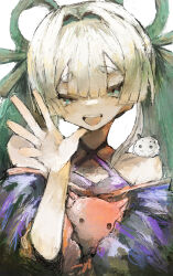  1girl absurdres blue_eyes cho_kaguya-hime! commentary fushi_(cho_kaguya-hime!) hair_intakes hair_rings highres japanese_clothes kimono long_hair off_shoulder open_mouth purple_kimono runami_yachiyo simple_background solo twintails upper_body waving white_background white_hair yo_mi_chi000 