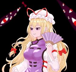  1girl black_background bow breasts commentary dress gap_(touhou) hair_bow hand_fan hat hat_ribbon highres holding holding_fan kennsei66 long_hair long_sleeves mob_cap paper_fan purple_tabard red_bow red_ribbon ribbon sleeve_garter solo tabard touhou very_long_hair violet_eyes white_dress white_hat yakumo_yukari 