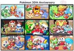  anniversary arms_up balancing_on_nose blue_eyes blush blush_stickers briefcase bright_pupils brown_bag brown_eyes bulbasaur charmander chespin chikorita chimchar closed_eyes closed_mouth commentary_request copyright_name cyndaquil fangs fennekin fire flame-tipped_tail food froakie fruit fuecoco grass green_eyes grookey highres holding holding_food holding_fruit holding_poke_ball litten mudkip no_humans nostrils on_table open_mouth oshawott pink_eyes piplup poke_ball poke_ball_(basic) pokemon pokemon_(creature) pokemon_bw pokemon_day pokemon_dppt pokemon_focus pokemon_gsc pokemon_rgby pokemon_rse pokemon_sm pokemon_sv pokemon_swsh pokemon_xy popplio quaxly red_eyes rowlet saliva scorbunny sitting smile snivy sobble sparkle sparkling_eyes sprigatito squirtle starter_pokemon_trio table tail tepig torchic totodile treecko turtwig white_pupils yoshishi_(yosisitoho) 