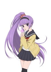  1girl alternate_hairstyle artist_request black_hairband black_sailor_collar black_skirt black_thighhighs cardigan cowboy_shot flower game_cg hairband holding holding_flower long_hair looking_at_viewer neckerchief official_alternate_costume official_art pink_lips polka_dot polka_dot_scrunchie purple_hair red_neckerchief sailor_collar sailor_shirt school_emblem school_uniform scrunchie serafuku shirt side_ponytail skirt solo sophie_(middle-school_mascot)_(tales) sophie_(tales) standing tales_of_(series) tales_of_asteria tales_of_graces thigh-highs third-party_source transparent_background very_long_hair violet_eyes white_shirt yellow_cardigan 