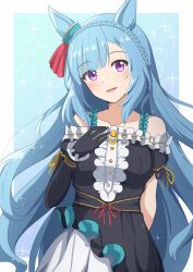  1girl absurdres animal_ears asymmetrical_sleeves bare_shoulders black_dress black_gloves blue_hair blush braid breasts center_frills collarbone crown_braid dress ear_ribbon frills gloves highres horse_ears horse_girl long_hair looking_at_viewer mejiro_ardan_(crystalline)_(umamusume) mejiro_ardan_(umamusume) off-shoulder_dress off_shoulder open_mouth ryochan96154 smile solo sparkle umamusume uneven_sleeves very_long_hair violet_eyes 