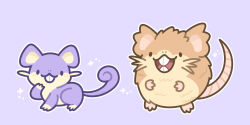  brown_fur buck_teeth chaobu chibi evolutionary_line highres looking_at_viewer mouse_(animal) no_humans pokemon pokemon_(creature) purple_background purple_fur raticate rattata simple_background tail teeth 