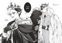  2boys black_gloves braid commentary cookie_run cookie_run:_kingdom crown dark-skinned_male dark_skin english_commentary english_text facial_tattoo feathered_wings floral_print fur_trim gem gloves heart highres hol hug long_hair long_sleeves looking_at_another looking_at_viewer monochrome multicolored_hair multiple_boys pointy_ears pure_vanilla_cookie pure_vanilla_cookie_(viridescent_daydream) shadow_milk_cookie_(an_ad-lib_ending) short_hair tattoo watermark wings 