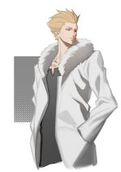  1boy absurdres black_shirt blonde_hair closed_mouth colored_eyelashes commentary_request cropped_torso earrings fate/stay_night fate_(series) fur_trim gilgamesh_(casual_wear)_(fate/stay_night) gilgamesh_(fate) glint gold_earrings hand_in_pocket highres jacket jewelry long_sleeves looking_to_the_side male_focus open_clothes open_jacket raisakaki01 red_eyes shirt smile solo yellow_eyes zipper 