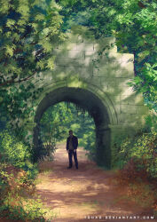  1boy arch artist_name black_jacket black_pants brick_wall bush commentary dirt_road english_commentary facing_viewer forest grey_shirt jacket landscape nature original outdoors painterly pants path plant road scenery shirt standing sunlight sylvain_sarrailh tree vines web_address 