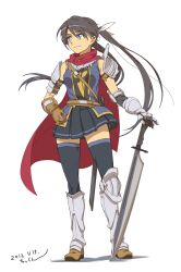  1girl armband armor artist_name ass_visible_through_thighs asymmetrical_armor belt black_armband black_hair black_skirt black_thighhighs blue_eyes blue_shirt bow breasts brown_belt brown_gloves brown_shoes cape chosen_undead closed_mouth dark_souls_(series) dark_souls_i dated full_body gauntlets gloves greaves hair_bow hand_on_hilt hand_on_own_hip highres long_hair looking_to_the_side medium_breasts miniskirt pleated_skirt poleyn red_cape rerebrace sheath shirt shoes simple_background single_gauntlet single_glove single_shoulder_pad skirt sleeveless sleeveless_shirt smile solo standing sword takkun_(alicesoft) thigh-highs twintails unsheathed very_long_hair weapon white_background white_bow zettai_ryouiki 