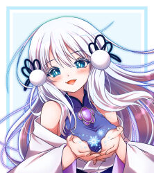  1girl blue_eyes blush breasts commentary_request duel_monster four-finger_heart_hands hair_between_eyes hair_ornament heart heart_hands japanese_clothes kimono long_hair long_sleeves looking_at_viewer medium_breasts momobesaeka open_mouth purple_nails smile snowflakes upper_body white_hair white_kimono wide_sleeves yu-gi-oh! yuki-onna_the_ice_mayakashi 
