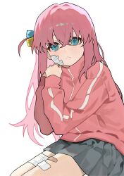  1girl :< absurdres bandaged_leg bandages bandaid bandaid_on_cheek bandaid_on_face bandaid_on_thigh blue_eyes bocchi_the_rock! cube_hair_ornament gotoh_hitori grey_skirt hair_between_eyes hair_ornament haru_(ririne9999rine) highres jacket long_hair long_sleeves looking_at_viewer own_hands_together pink_hair pink_jacket side_ahoge sidelocks sitting skirt solo thighs track_jacket white_background 