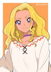  1girl amamiya_elena blonde_hair border braid choker closed_mouth commentary_request dark-skinned_female dark_skin forehead highres kumo_suzume long_hair looking_at_viewer orange_background precure purple_choker shirt simple_background smile solo star_twinkle_precure twin_braids upper_body violet_eyes white_border white_shirt 