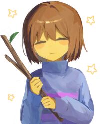 1other blue_sweater bob_cut brown_hair closed_eyes closed_mouth colored_skin dot_nose expressionless facing_viewer frisk_(undertale) hands_up hashtag-only_commentary highres holding holding_stick light_frown long_sleeves other_focus pink_sweater puffy_long_sleeves puffy_sleeves r_ianna short_hair simple_background solo stick straight-on striped_clothes striped_sweater sweater turtleneck turtleneck_sweater two-tone_sweater undertale upper_body utdr_(toby_fox) white_background yellow_skin 