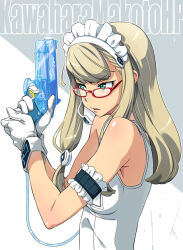  1girl blonde_hair breasts dress glasses gloves green_eyes gun handgun headset holding holding_gun holding_weapon kawahara_makoto long_hair looking_to_the_side maid_headdress original parted_lips small_breasts solo upper_body weapon white_dress 