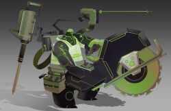  1boy alien ben_10 biomechanical black_skin blade_arm circular_saw colored_skin commentary construction_worker english_commentary full_body galvanic_mechamorph green_eyes green_hat hard_hat hat helmet high-visibility_clothing high-visibility_vest highres holding_saw jackhammer jzdraws laser male_focus mechanical_arms muscular muscular_male neon_trim one-eyed original saw solo toolbox tools vest white_vest 