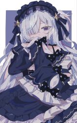  1girl black_dress black_hairband blush border commentary_request covering_own_mouth cowboy_shot dress frilled_dress frills gothic_lolita hair_over_one_eye hairband hand_over_own_mouth head_tilt highres ista_(hudou_yuk) lolita_fashion lolita_hairband long_hair long_sleeves looking_at_viewer mahou_shoujo_no_majo_saiban natsume_an-an one_side_up outside_border purple_background sleeves_past_fingers sleeves_past_wrists solo violet_eyes white_border white_hair 